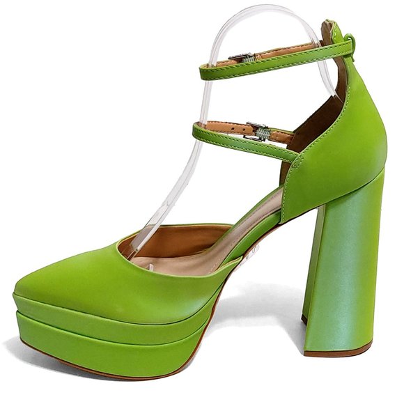 Schutz Elysee Green Double Platform Ankle Strap Pointy Toe Block Heel Dress - Picture 2 of 15